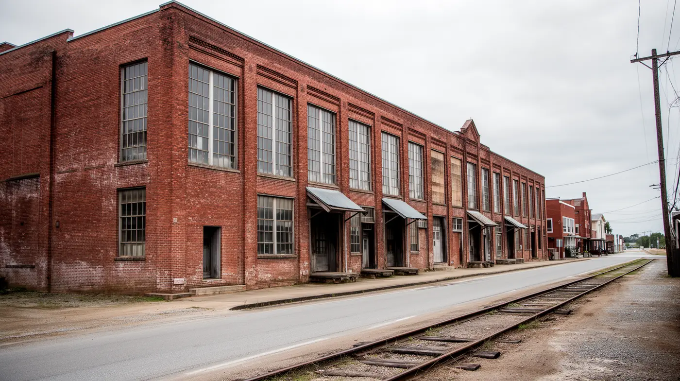 A row of early-1900s brick tobacco warehouse buildings with rail spurs, Farmville, NC