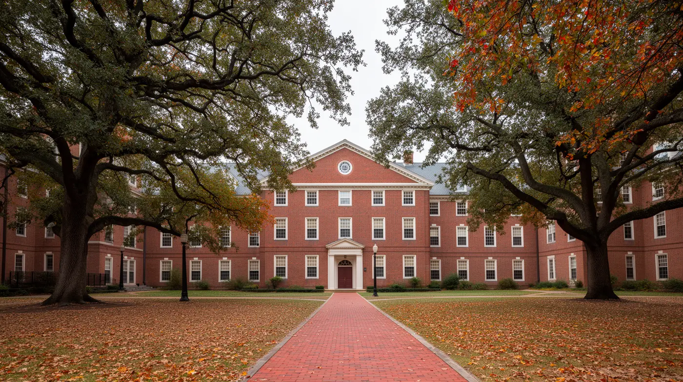 A historic red-brick collegiate building framed by mature oak trees on a quiet campus quad